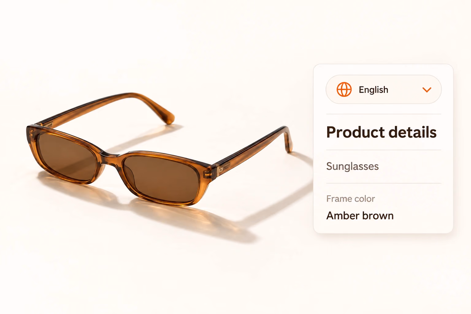 English product details beside amber sunglasses.